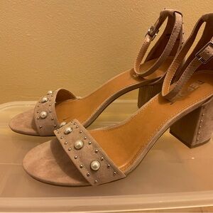 Beige Studded Block Heel Sandals